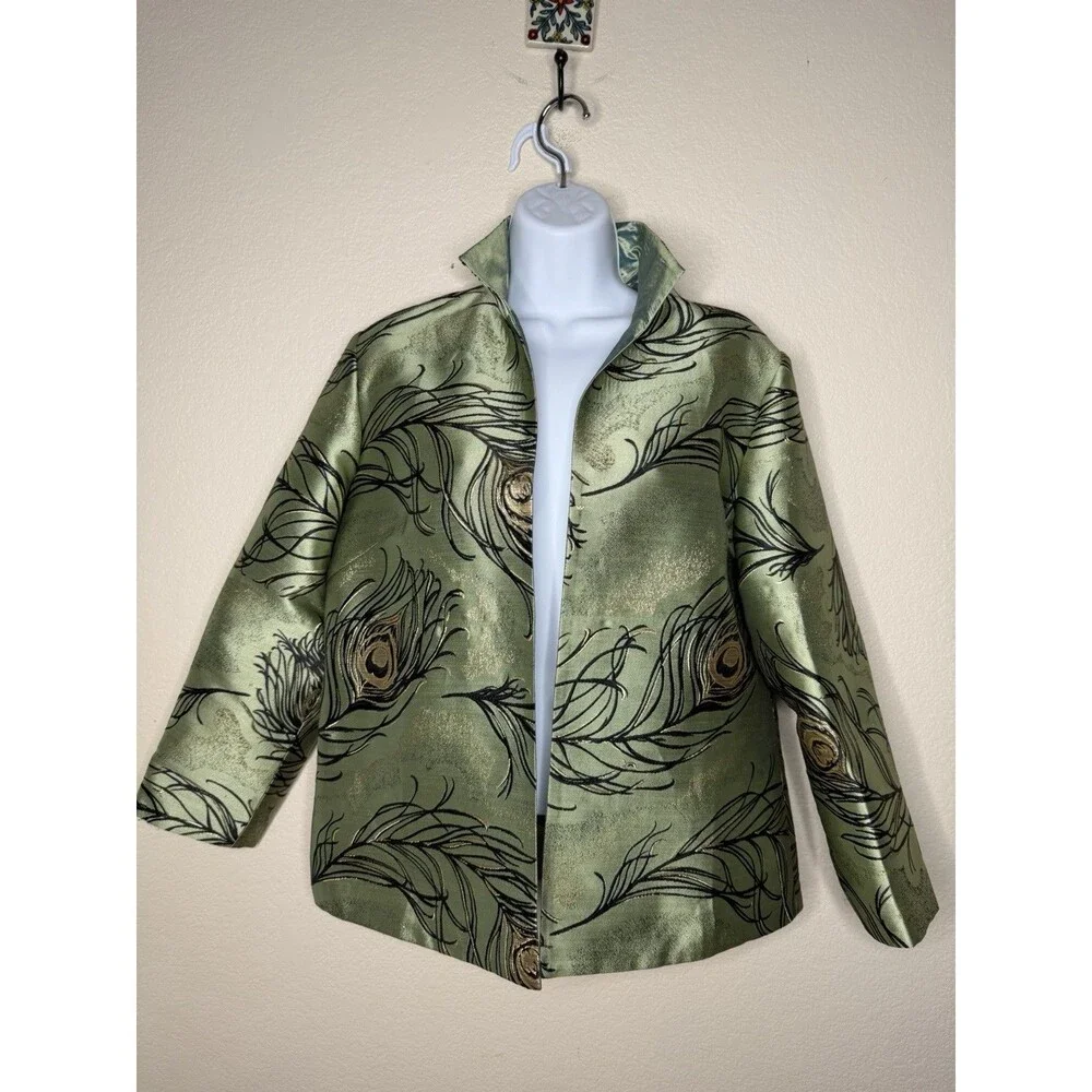 Grace Chuang New York Feather Print Open Jacket Sz S Multicolor Reversible Green - Picture 2 of 16